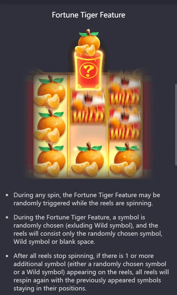 Fortune Tiger Feature paytable page showing the respin mechanic description with game visual